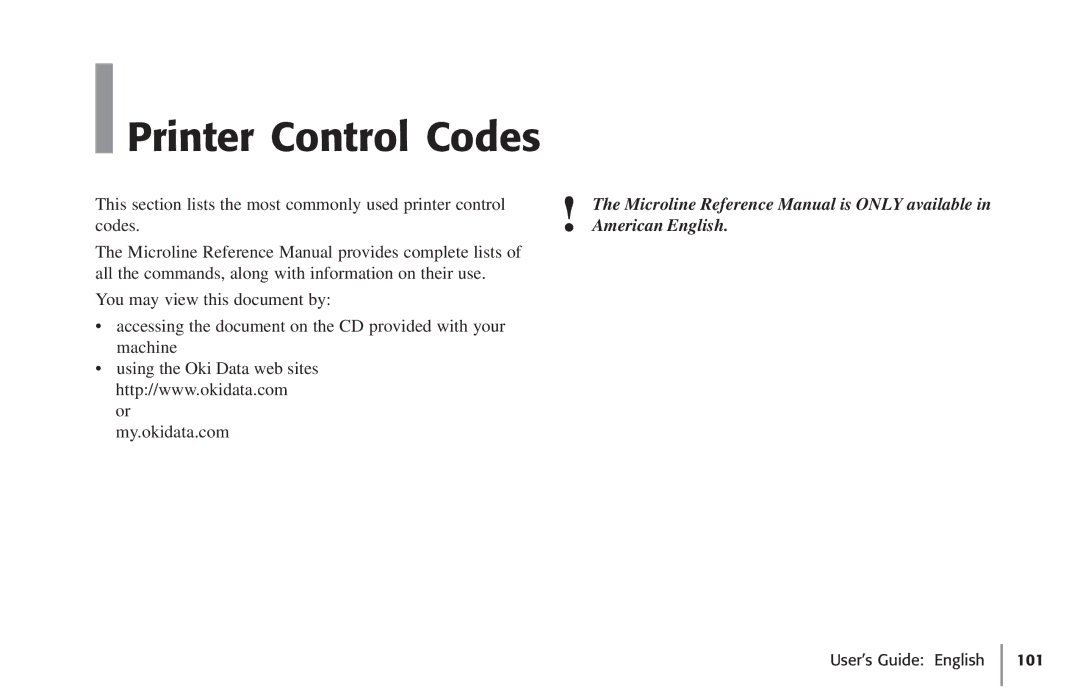 Oki 320, 62411601 manual Printer Control Codes, American English 