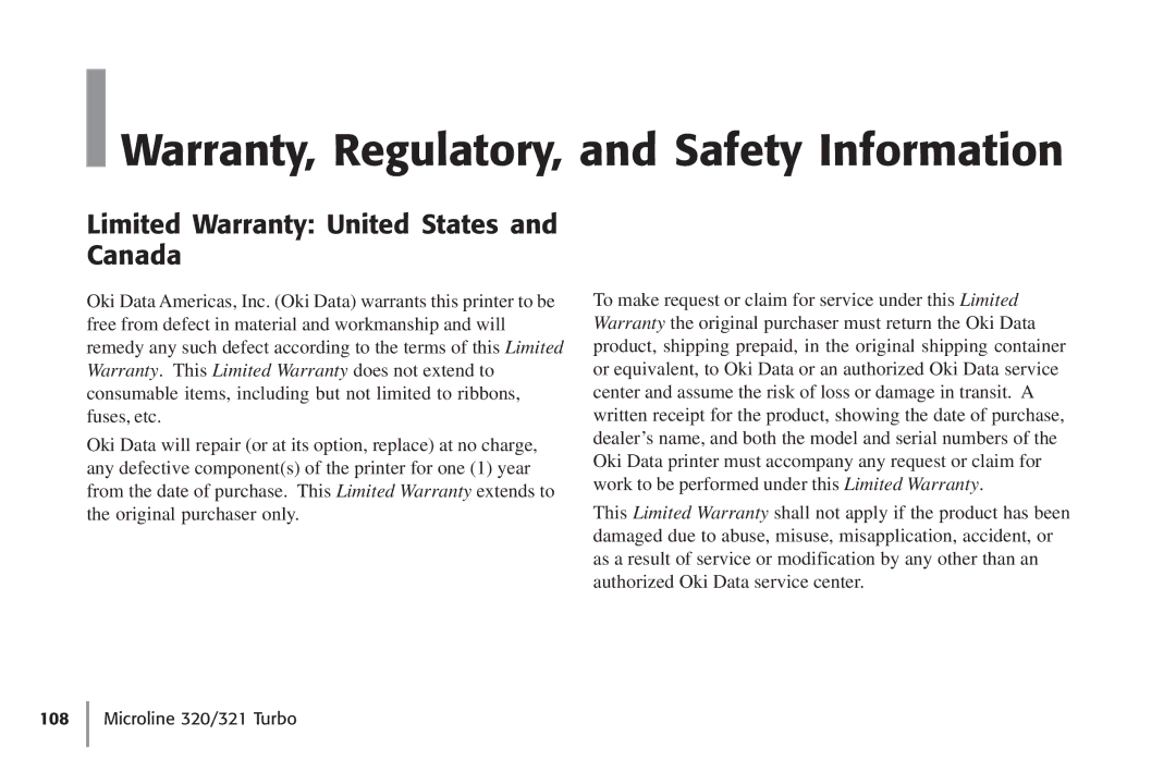 Oki 62411601, 320 manual Warranty, Regulatory, and Safety Information, Limited Warranty United States and Canada 