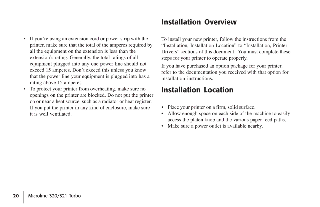 Oki 62411601, 320 manual Installation Overview, Installation Location 