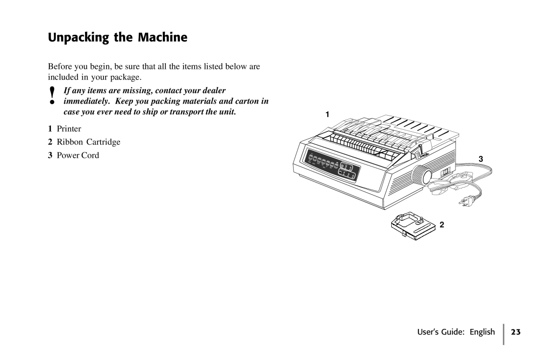 Oki 320, 62411601 manual Unpacking the Machine, Printer Ribbon Cartridge Power Cord 