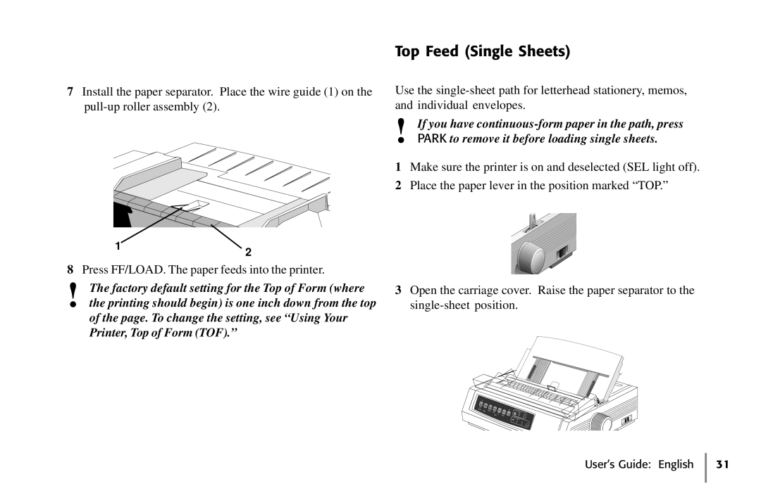 Oki 320, 62411601 manual Top Feed Single Sheets 