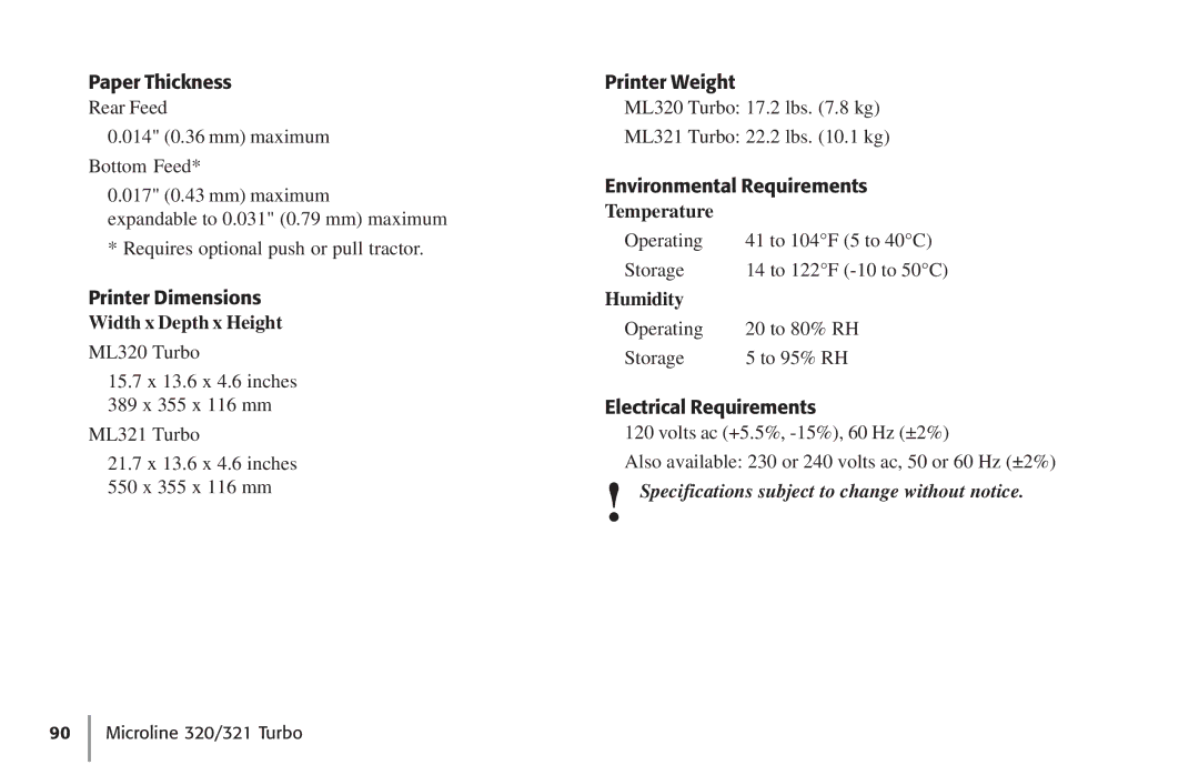 Oki 62411601, 320 manual Width x Depth x Height, Temperature, Humidity 