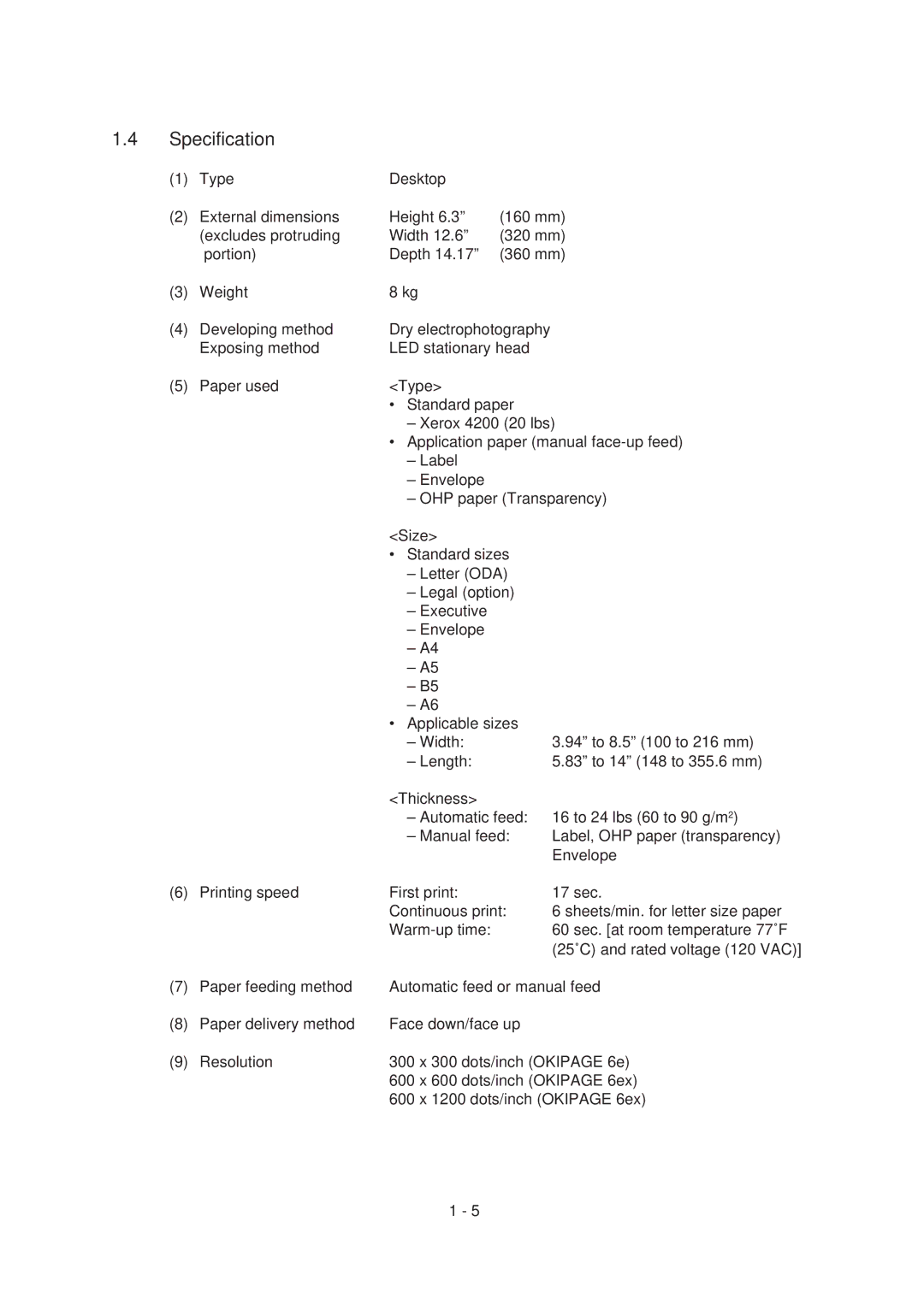 Oki 6ex, 6E specifications Specification 