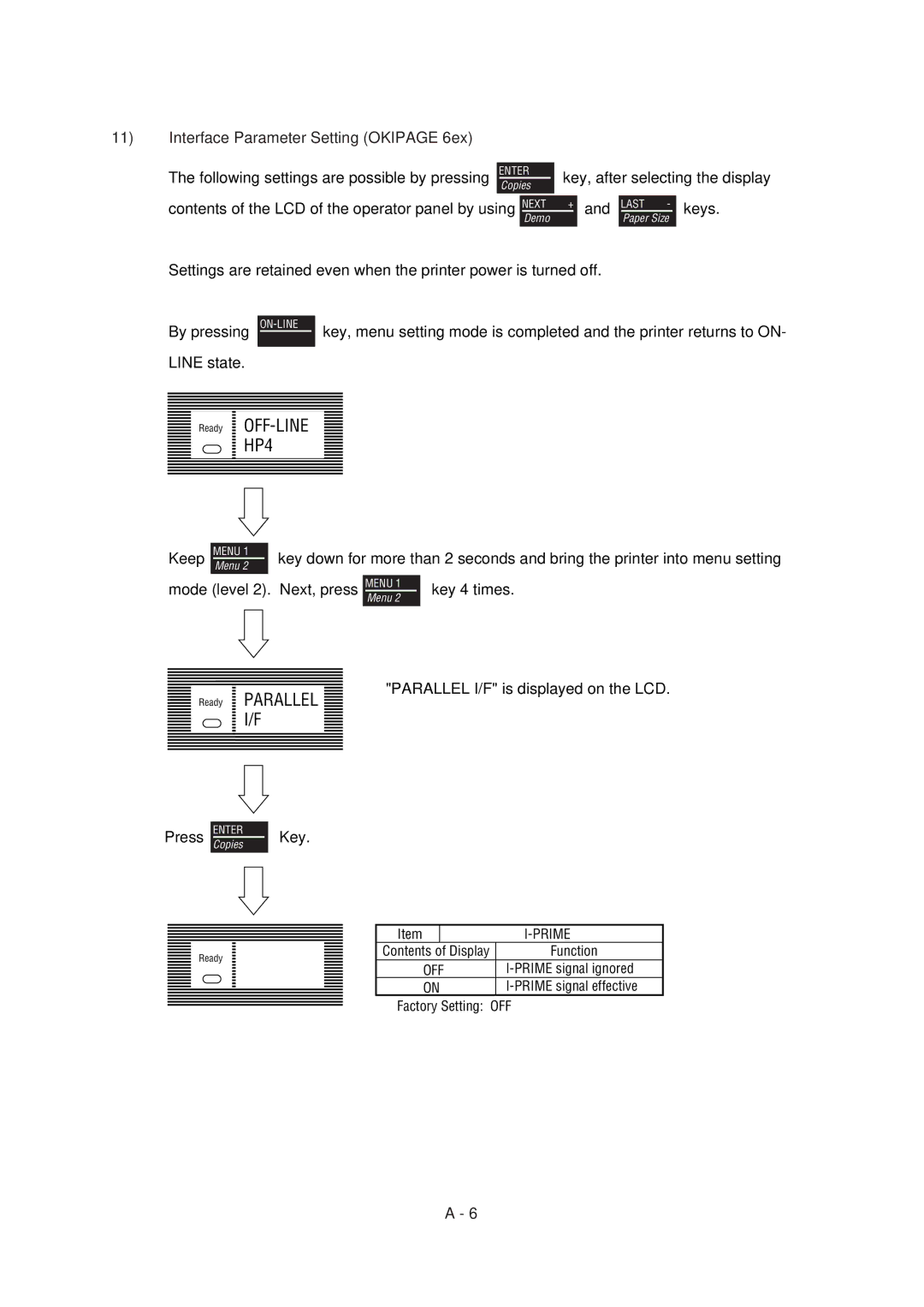 Oki 6E specifications Interface Parameter Setting Okipage 6ex, Key, after selecting the display, OFF-LINE HP4 