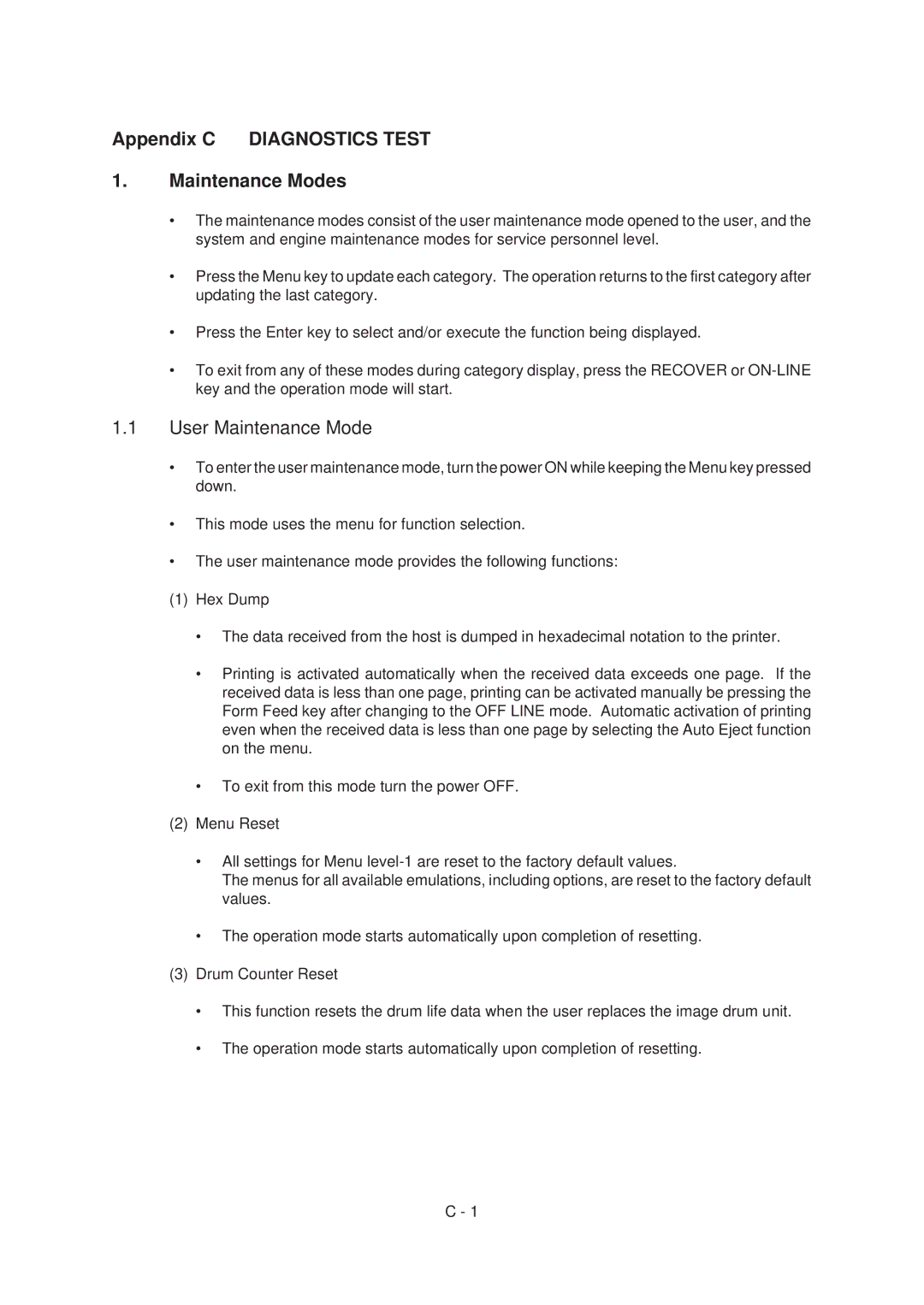 Oki 6E, 6ex specifications Appendix C Diagnostics Test Maintenance Modes, User Maintenance Mode 