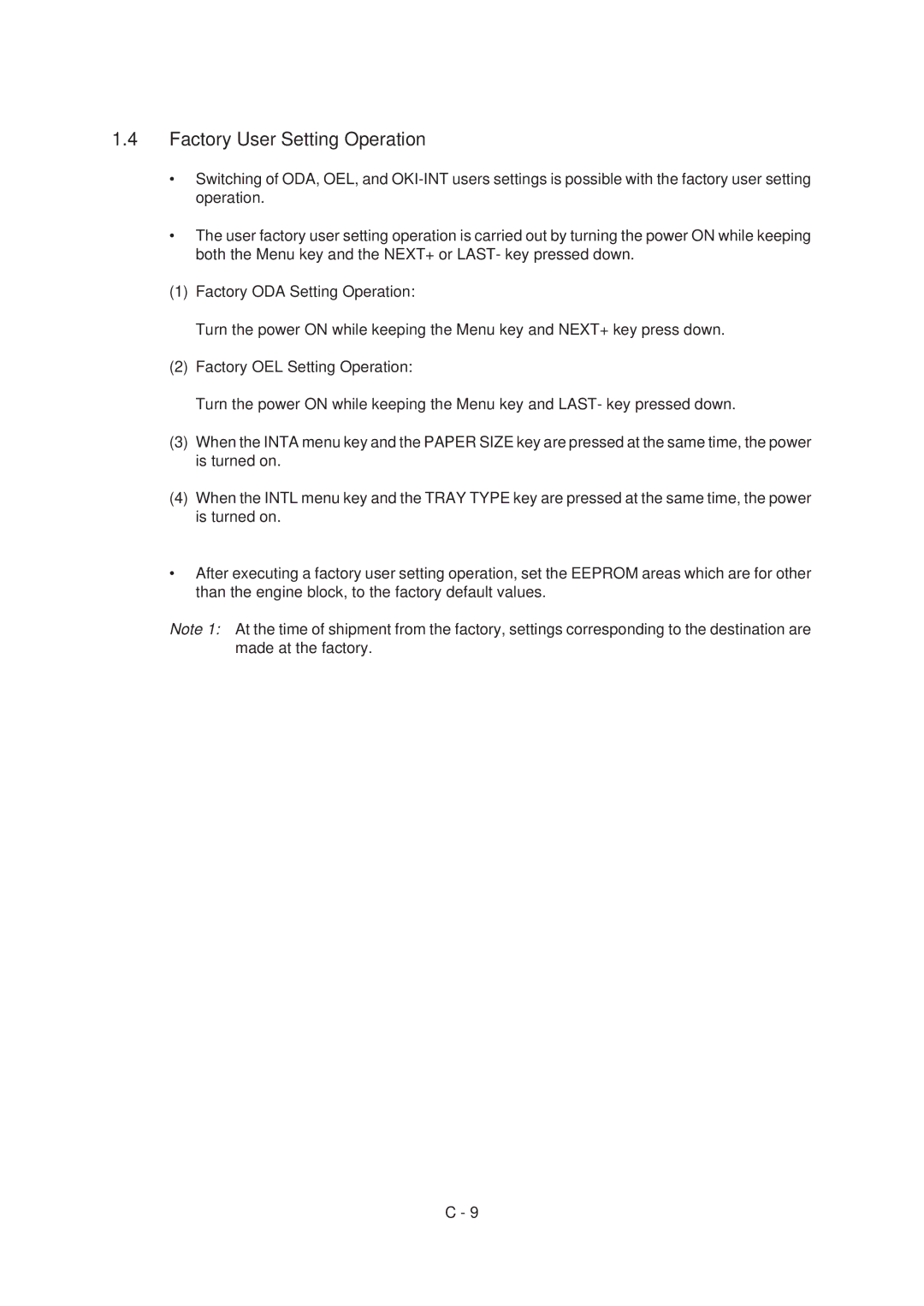 Oki 6E, 6ex specifications Factory User Setting Operation 