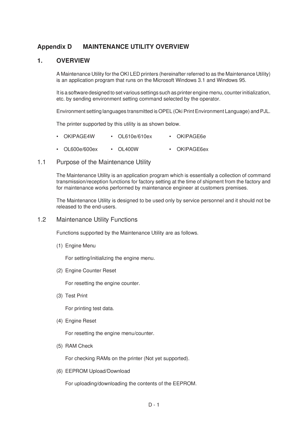 Oki 6ex, 6E specifications Purpose of the Maintenance Utility, Maintenance Utility Functions, OKIPAGE4W 