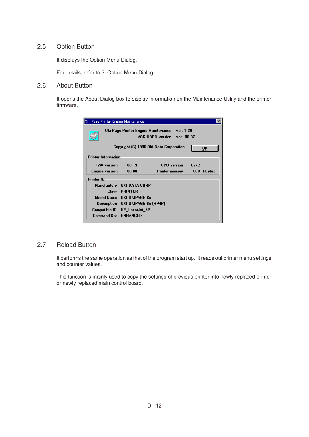 Oki 6E, 6ex specifications Option Button, About Button, Reload Button 