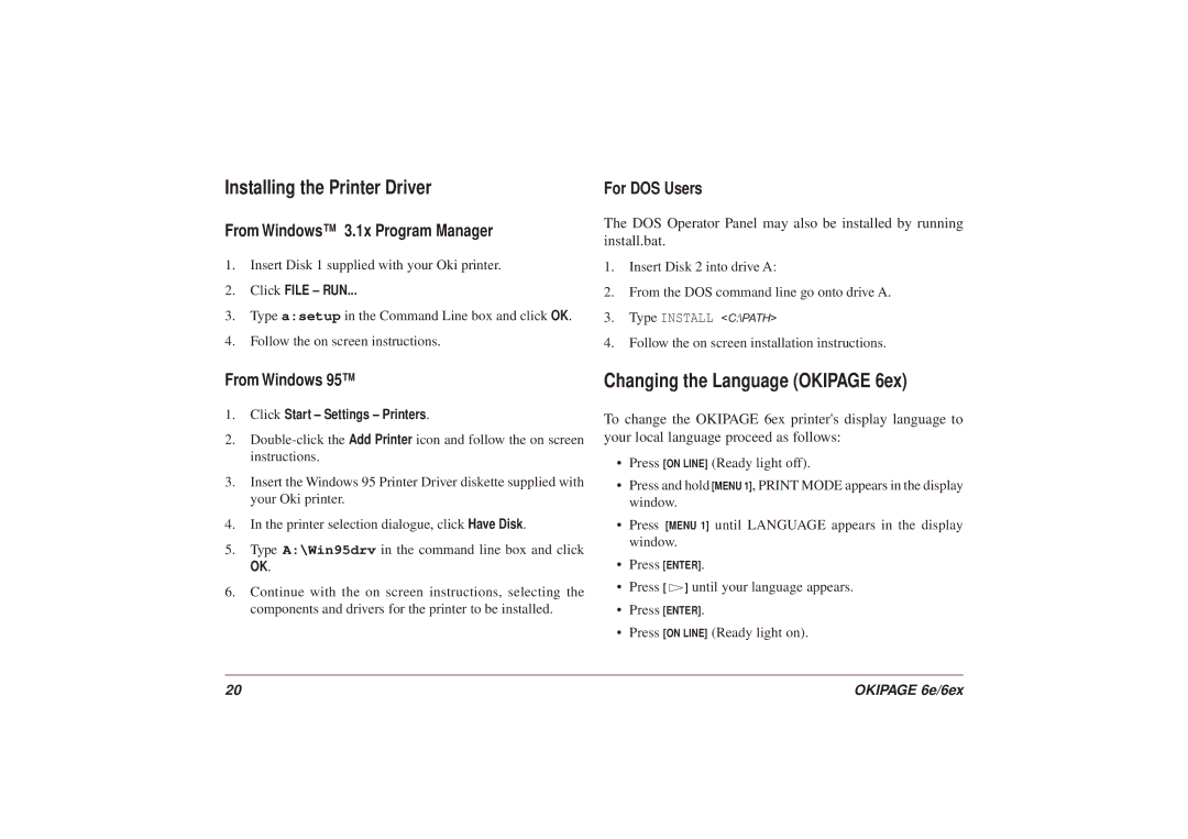 Oki 6ex6 manual Installing the Printer Driver, Changing the Language Okipage 6ex, From Windows 3.1x Program Manager 