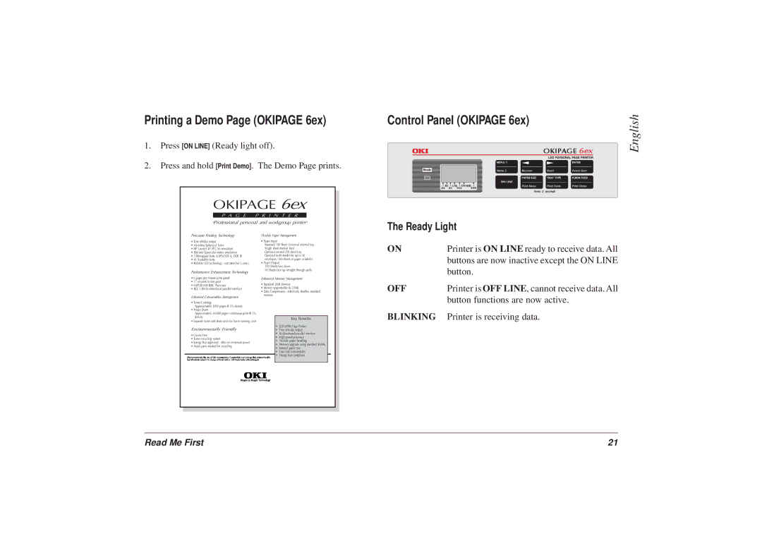 Oki 6ex6 manual Printing a Demo Page Okipage 6ex, Control Panel Okipage 6ex, Ready Light 