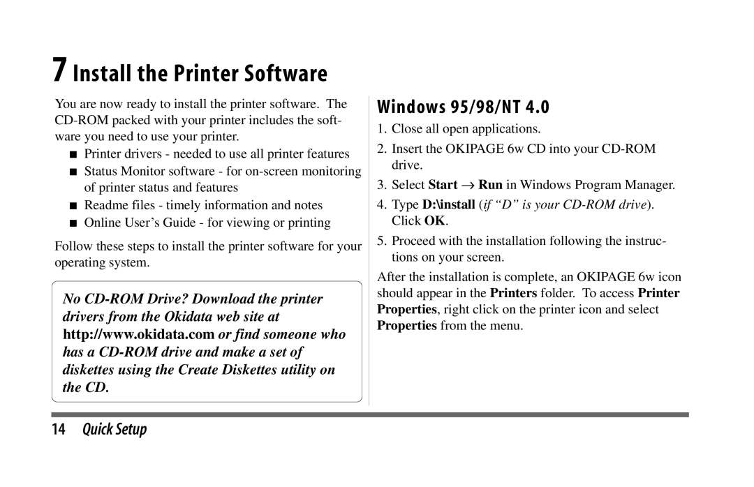 Oki 6w manual Install the Printer Software, Windows 95/98/NT 