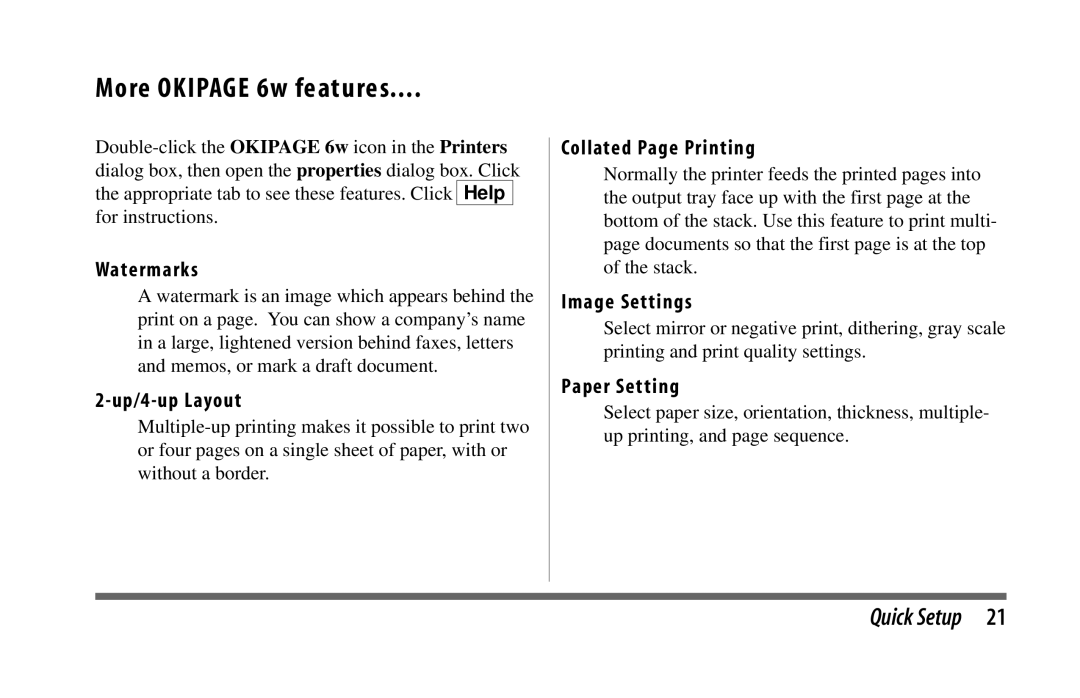 Oki manual More Okipage 6w features, Watermarks 