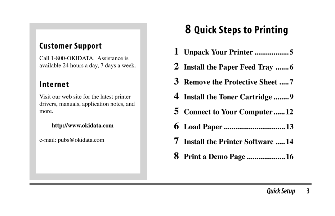 Oki 6w manual Quick Steps to Printing, Customer Support, Internet 