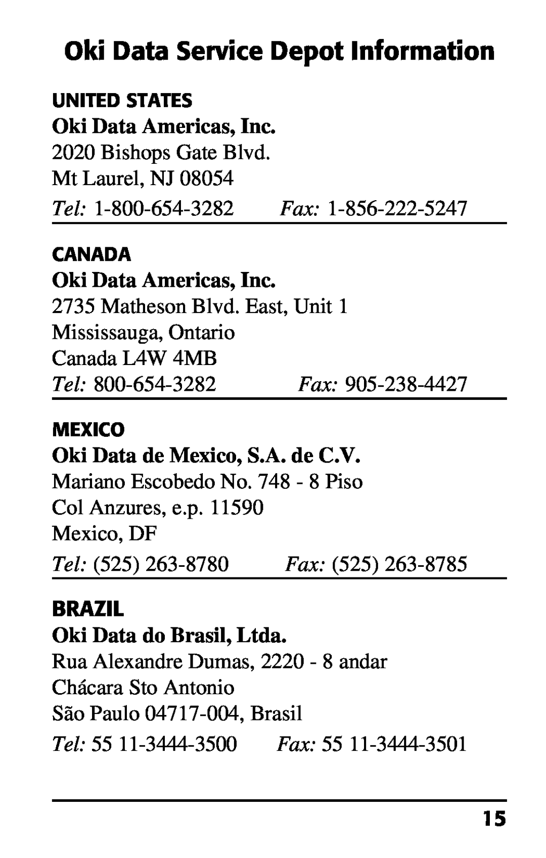 Oki 70037301 Oki Data Service Depot Information, Oki Data Americas, Inc, Oki Data de Mexico, S.A. de C.V, Tel, Fax 