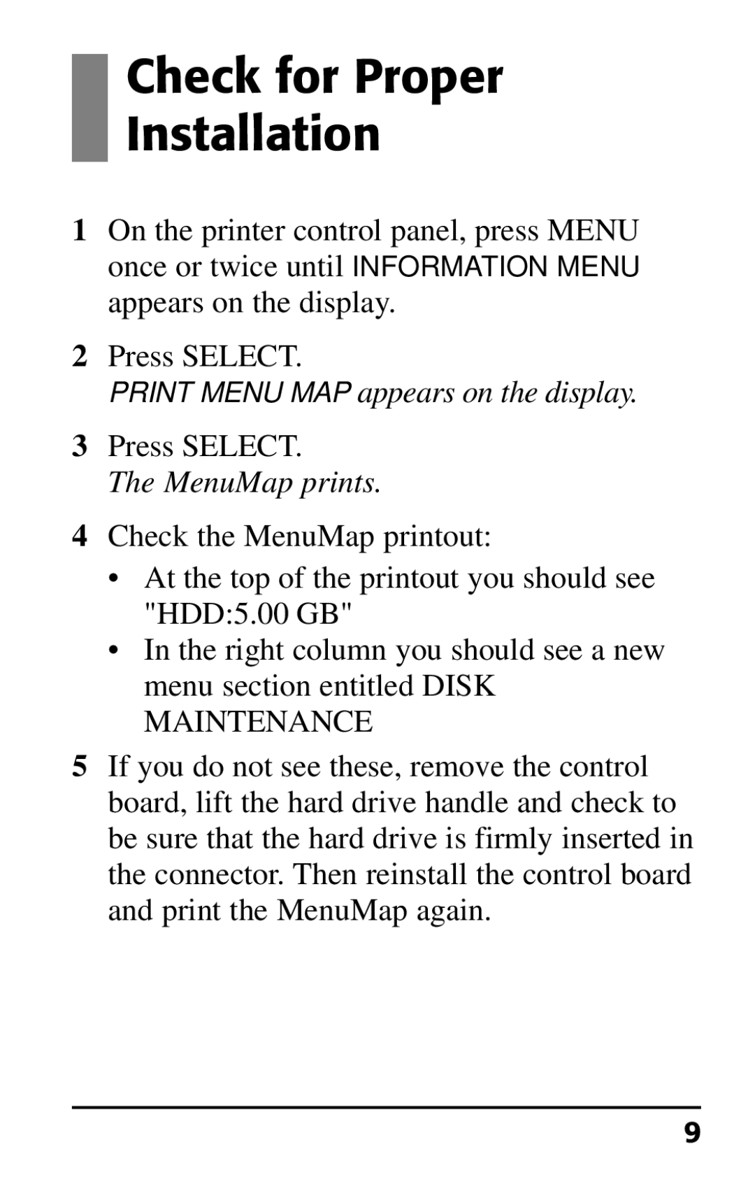 Oki 70037301 installation instructions Check for Proper Installation, MenuMap prints 