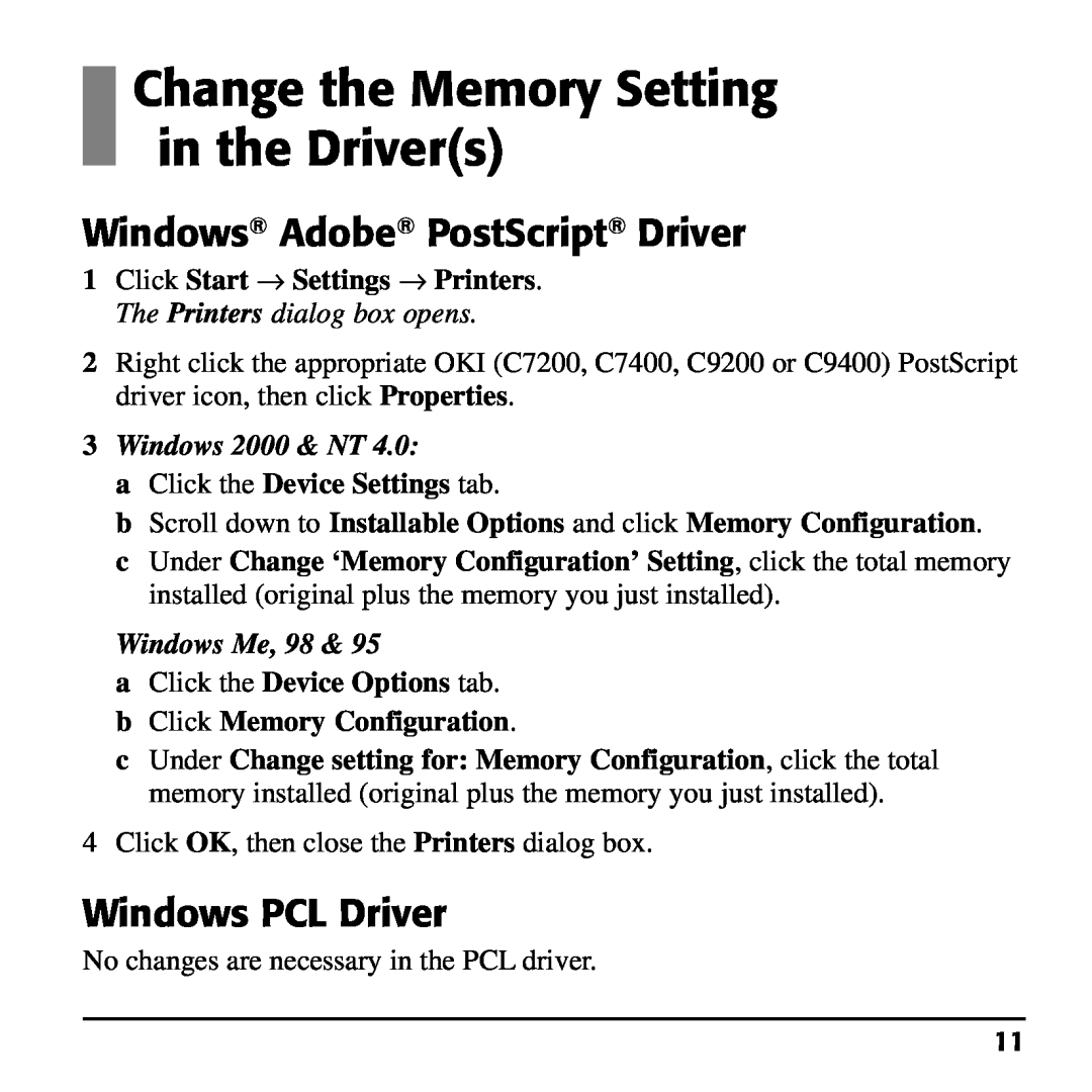Oki 70037401 Change the Memory Setting in the Drivers, Windows Adobe PostScript Driver, Windows PCL Driver, Windows Me, 98 