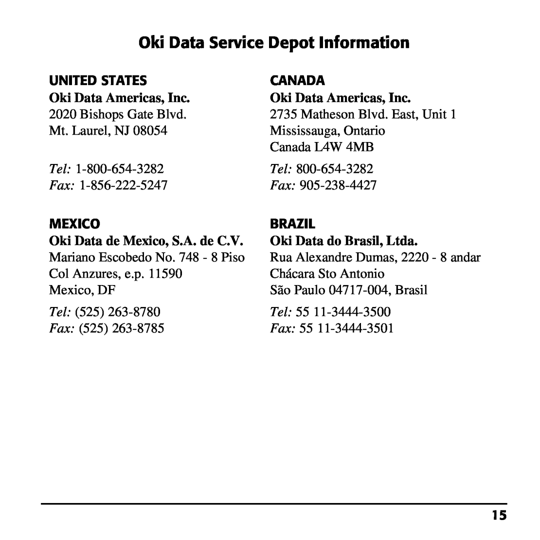 Oki 70037601, 70037501 Oki Data Service Depot Information, Oki Data Americas, Inc, Oki Data de Mexico, S.A. de C.V 