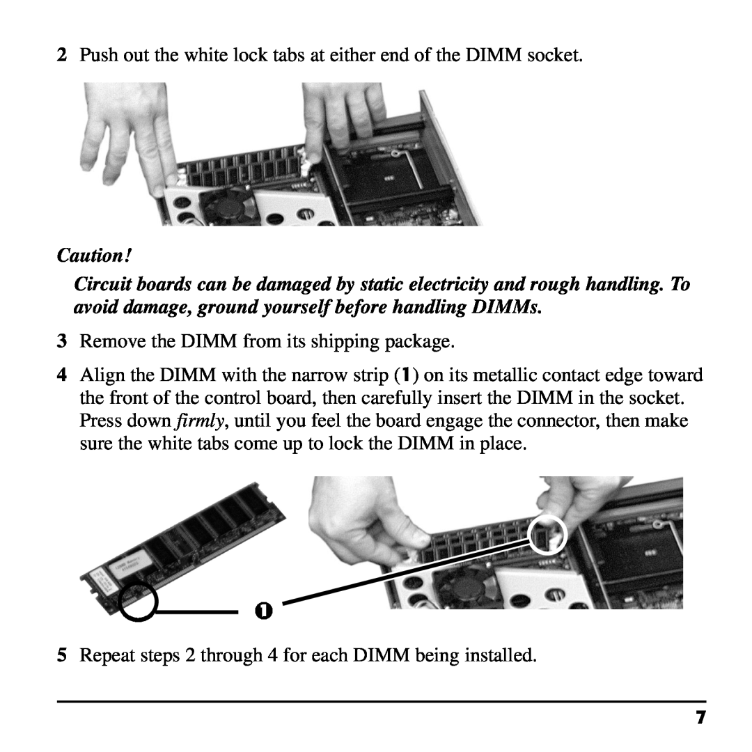 Oki 70037501, 70037601, 70037401 installation instructions Push out the white lock tabs at either end of the DIMM socket 