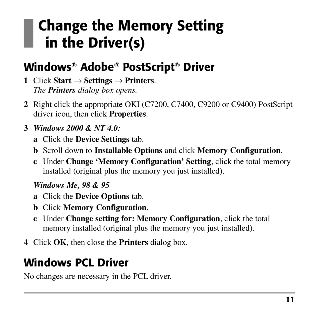 Oki 70037401, 70037601, 70037501 Change the Memory Setting in the Drivers, Windows Adobe PostScript Driver 