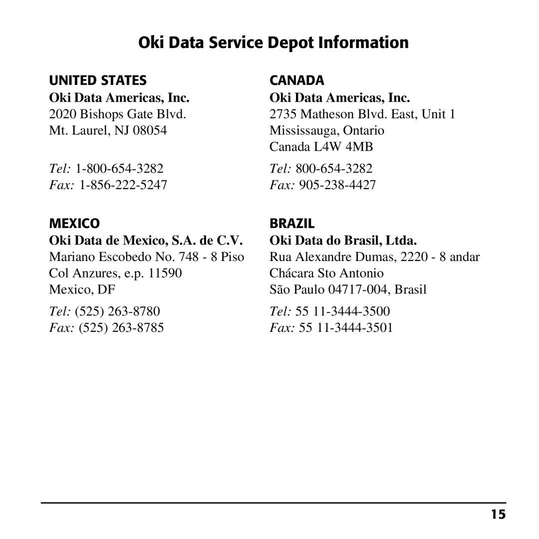 Oki 70037601, 70037501, 70037401 installation instructions Oki Data Service Depot Information 