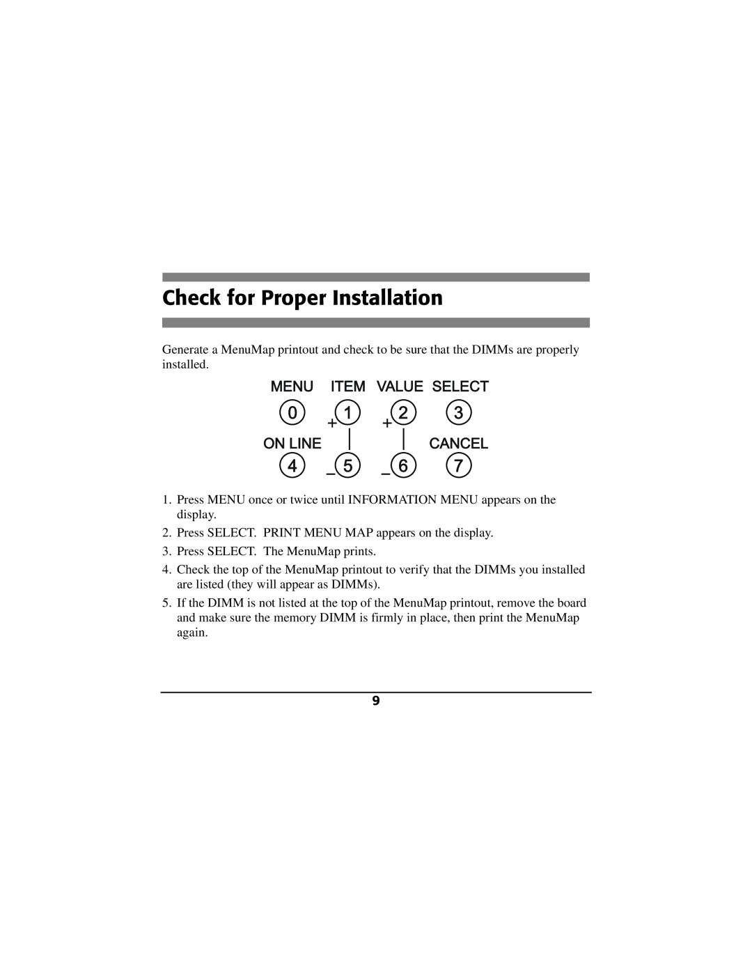 Oki 70040901 installation instructions Check for Proper Installation, 0 1, 4 5, Menu Item Value Select, On Line, Cancel 