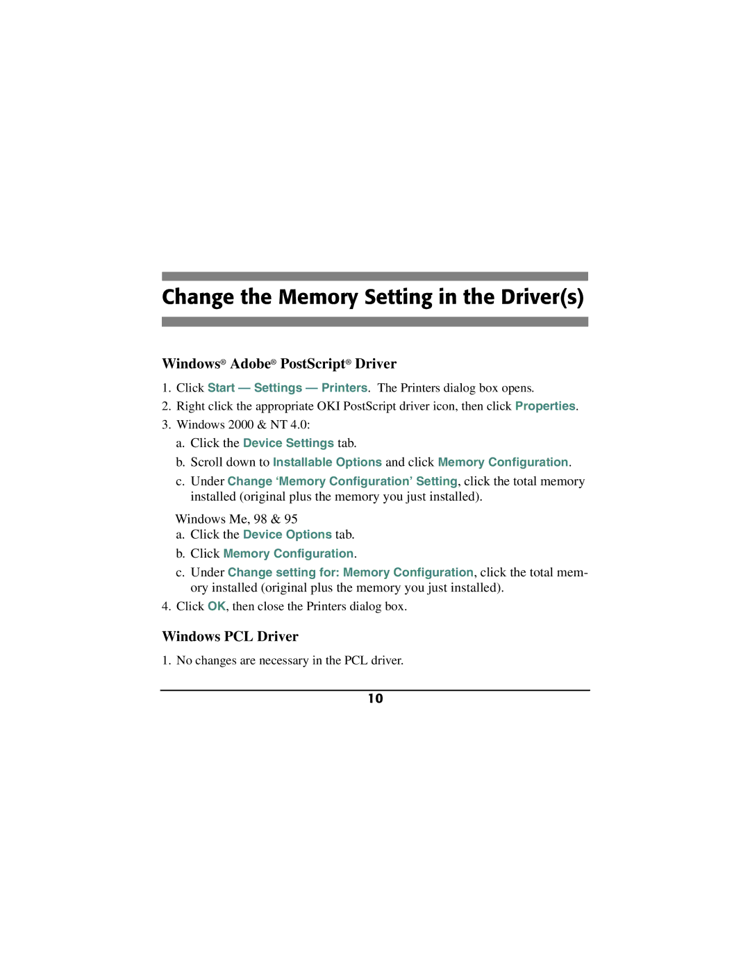 Oki 70040901 installation instructions Change the Memory Setting in the Drivers, Windows Adobe PostScript Driver 