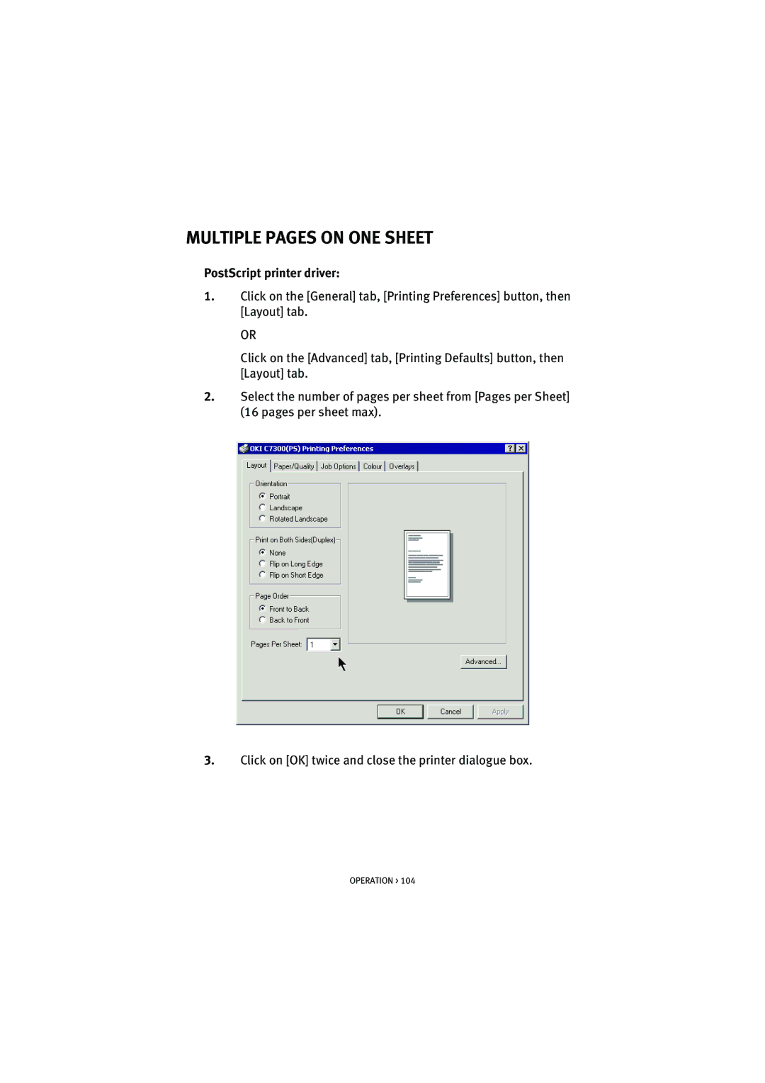 Oki 7100 manual Multiple Pages on ONE Sheet, PostScript printer driver 