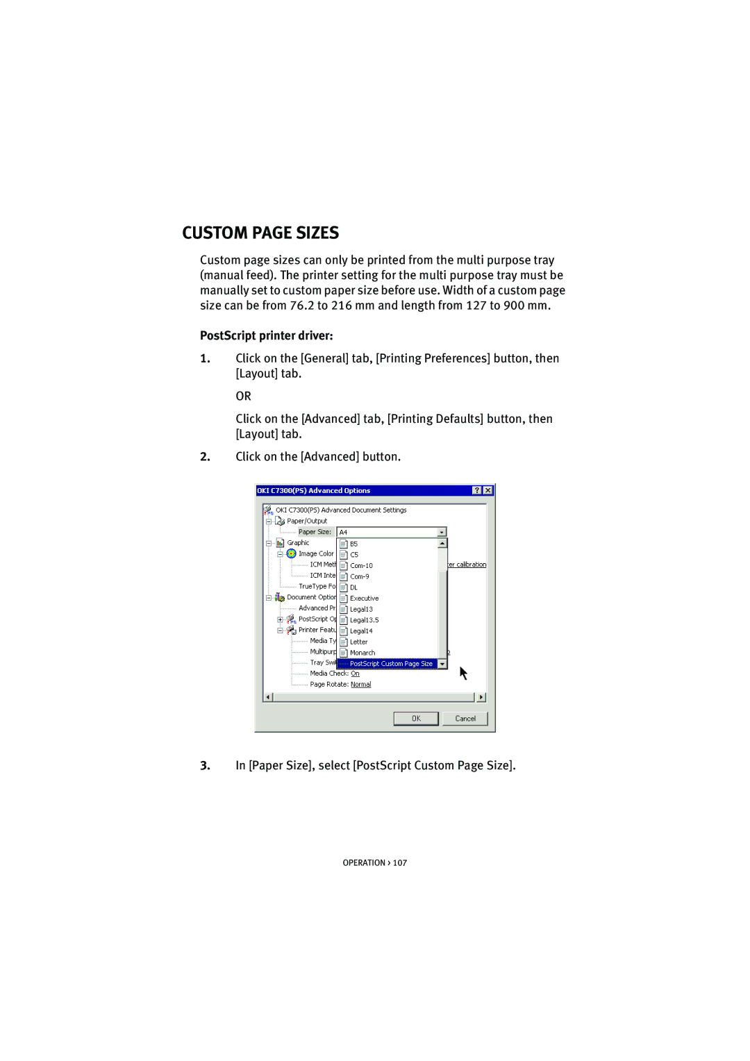 Oki 7100 manual Custom page Sizes, PostScript printer driver 