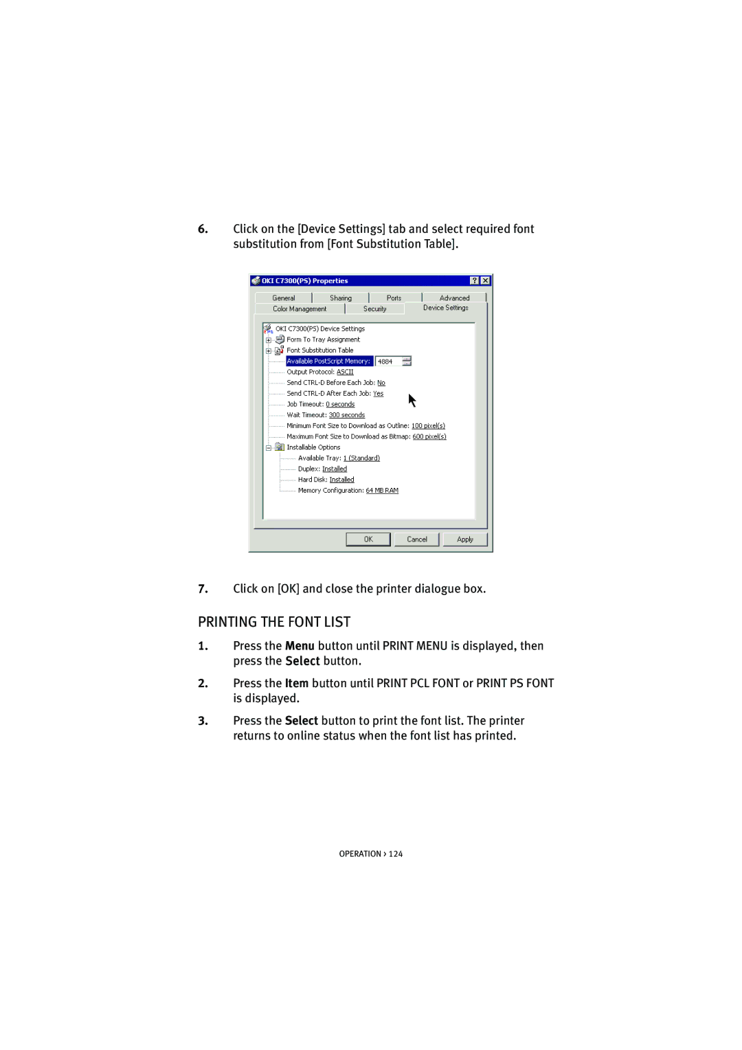 Oki 7100 manual Printing the Font List 