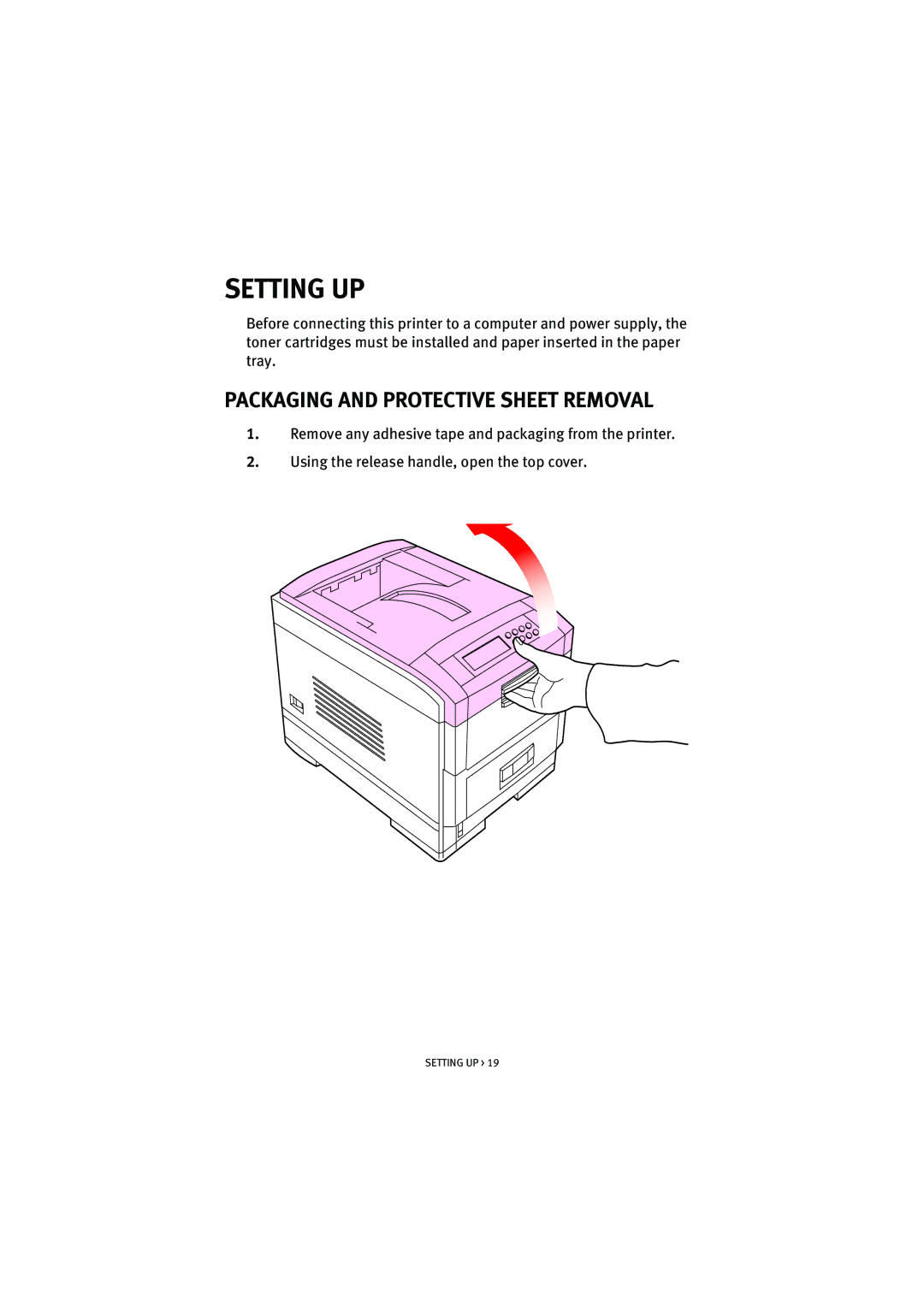 Oki 7100 manual Setting UP, Packaging and Protective Sheet Removal 