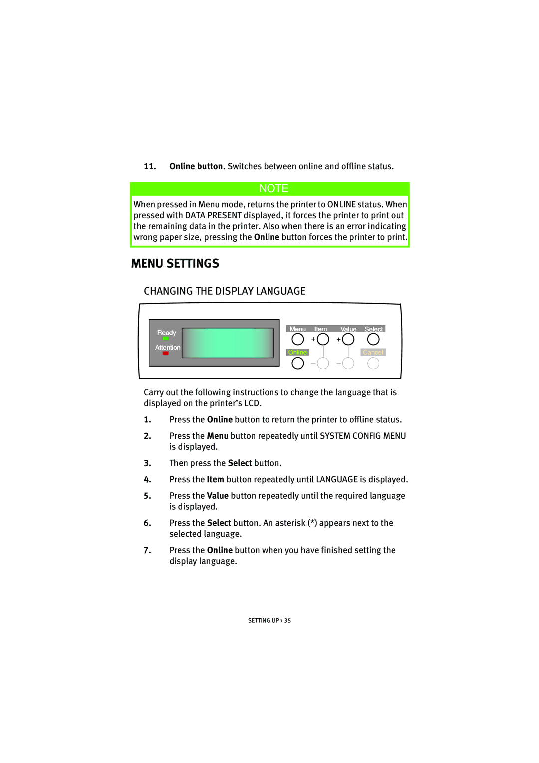 Oki 7100 manual Menu Settings, Changing the Display Language 