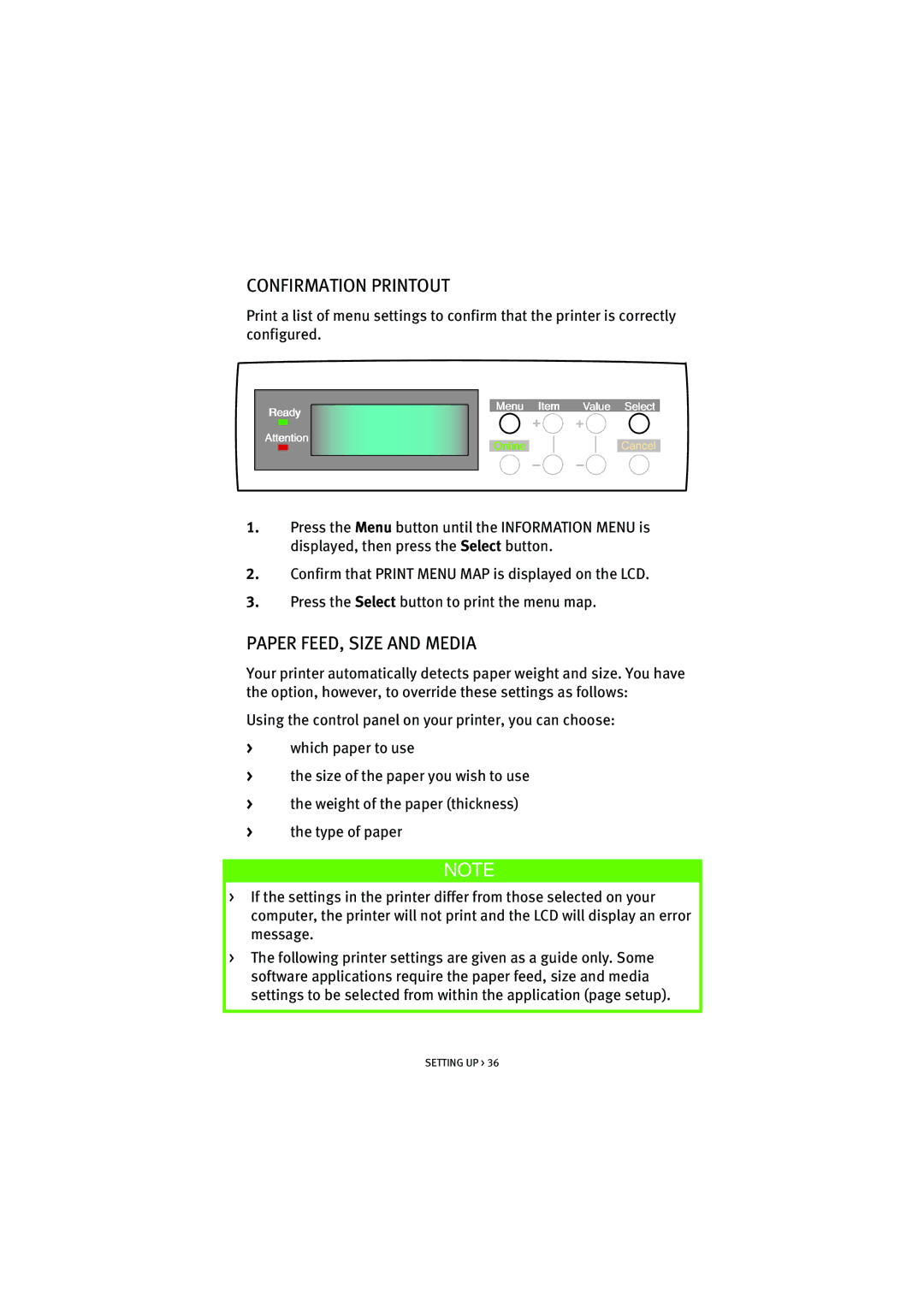 Oki 7100 manual Confirmation Printout, Paper FEED, Size and Media 