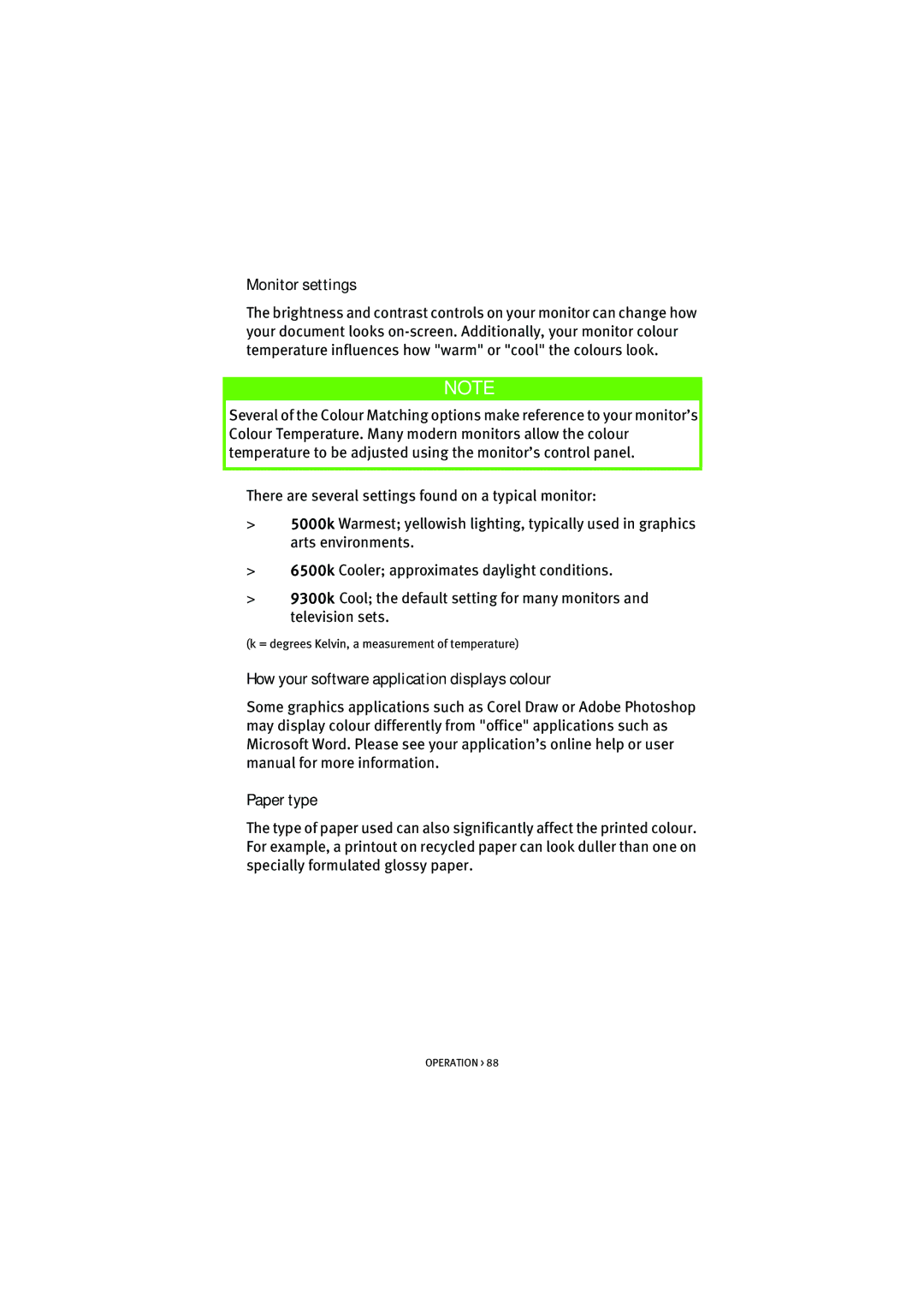 Oki 7100 manual Monitor settings, How your software application displays colour Paper type 