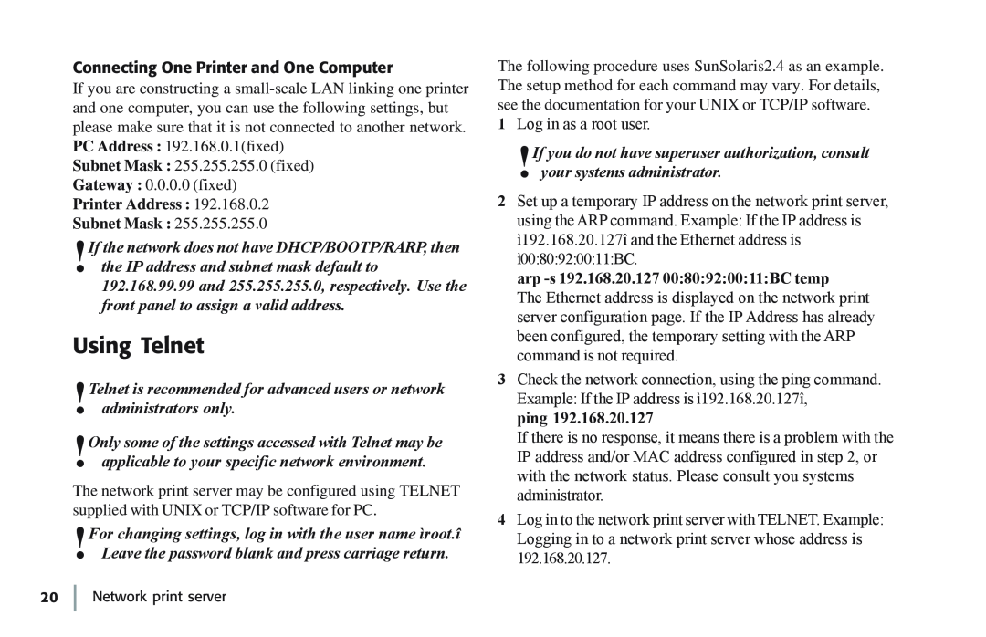 Oki 7100e+ manual Using Telnet, Printer Address Subnet Mask, arp -s 192.168.20.127 0080920011BC temp, ping 