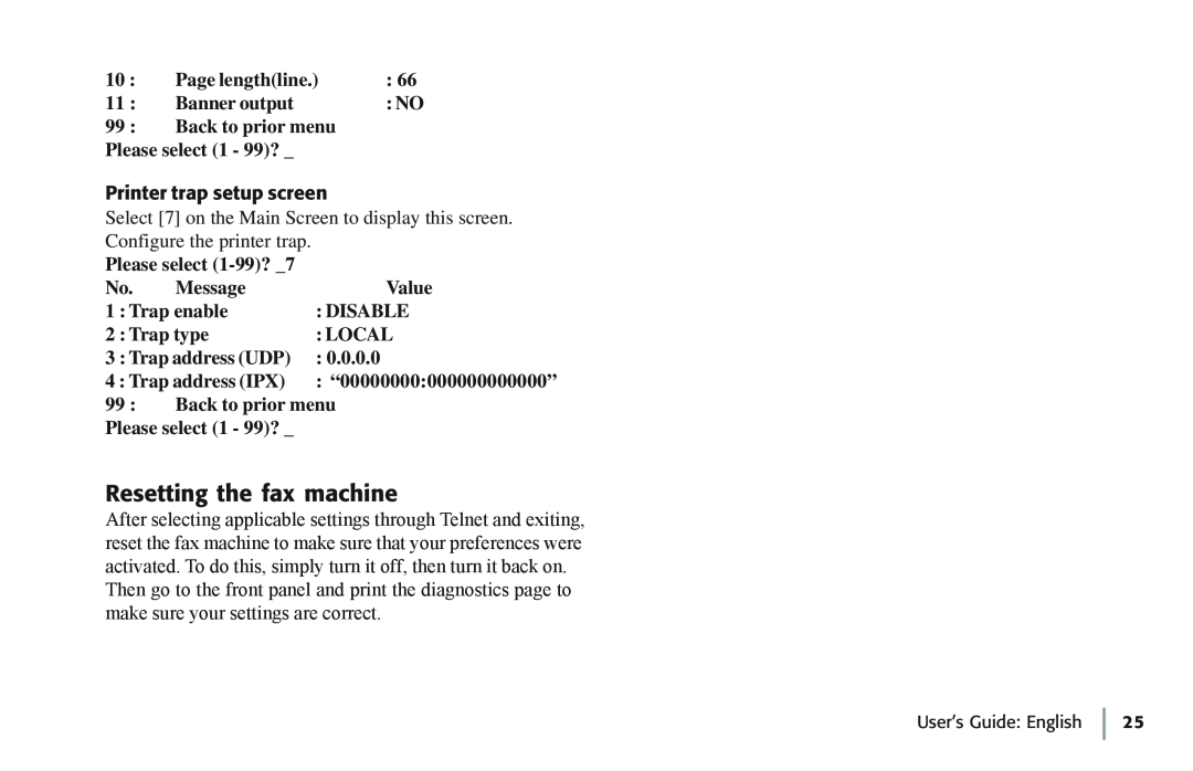 Oki 7100e+ manual Resetting the fax machine, Printer trap setup screen 