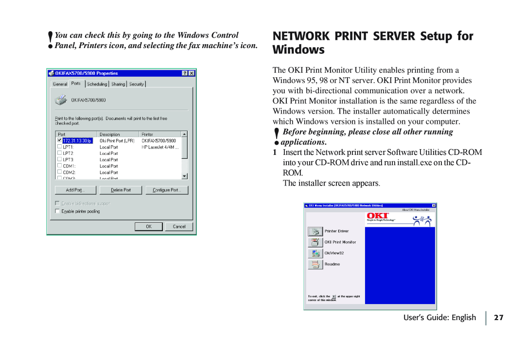 Oki 7100e+ manual NETWORK PRINT SERVER Setup for Windows, Before beginning, please close all other running applications 