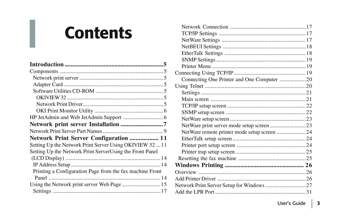 Oki 7100e+ manual Contents, Network Print Server Configuration 
