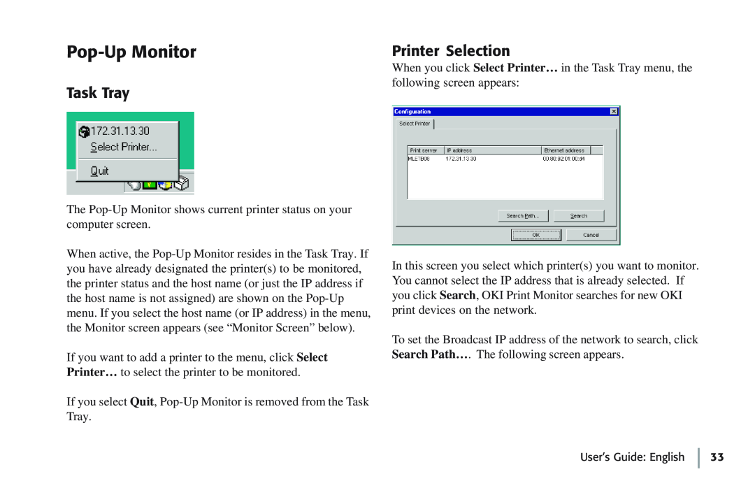 Oki 7100e+ manual Pop-Up Monitor, Task Tray, Printer Selection 