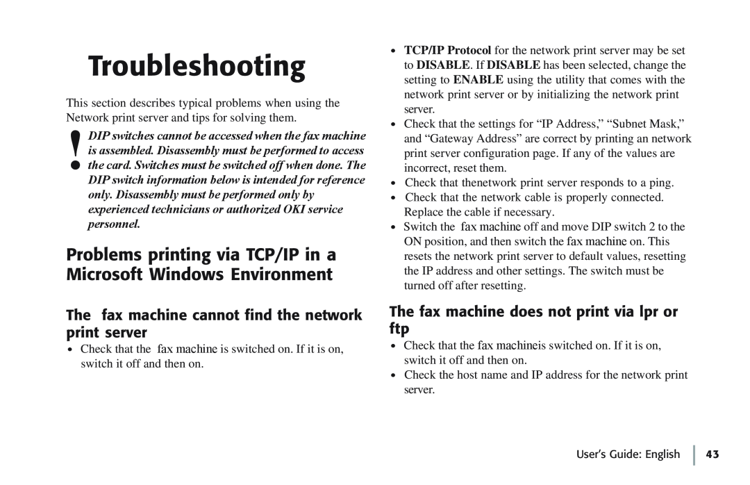 Oki 7100e+ manual Troubleshooting, Problems printing via TCP/IP in a Microsoft Windows Environment 