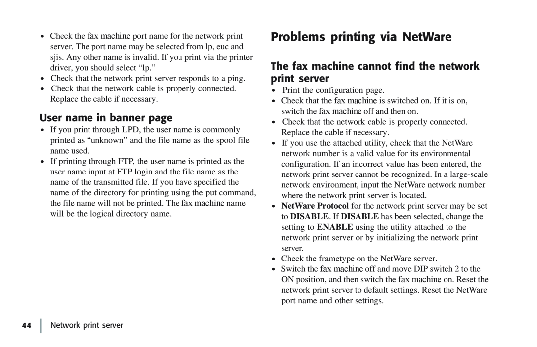 Oki 7100e+ Problems printing via NetWare, User name in banner page, The fax machine cannot find the network print server 