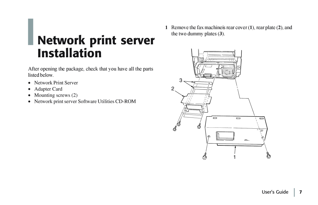 Oki 7100e+ manual Network print server Installation, Network Print Server Adapter Card Mounting screws, User’s Guide 