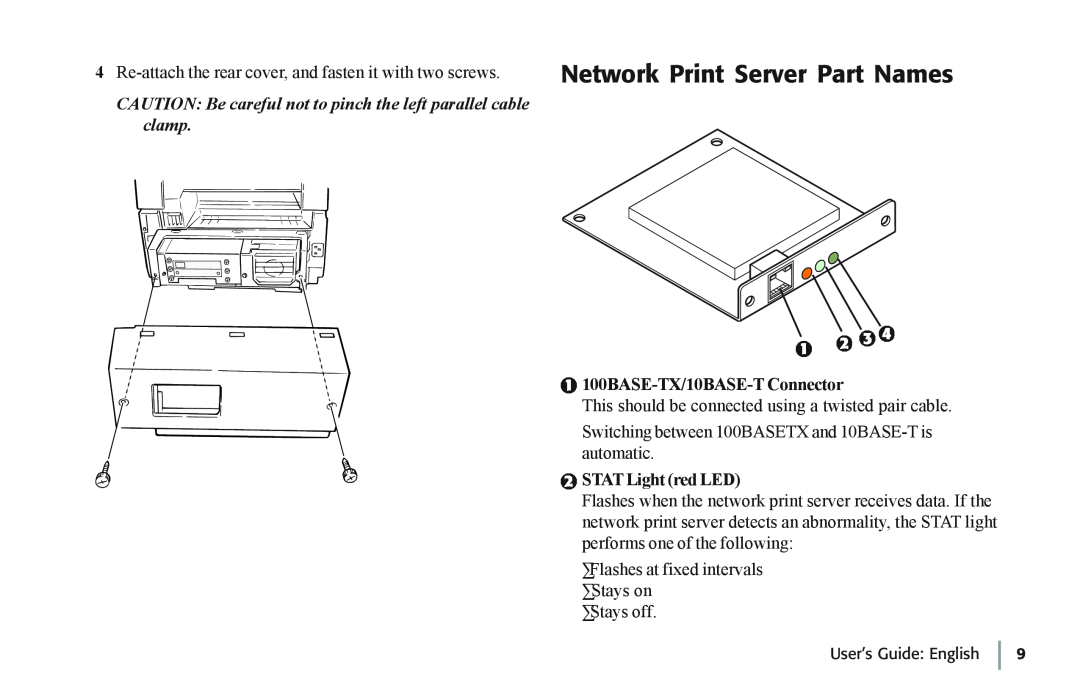 Oki 7100e+ manual Network Print Server Part Names, CAUTION Be careful not to pinch the left parallel cable clamp 