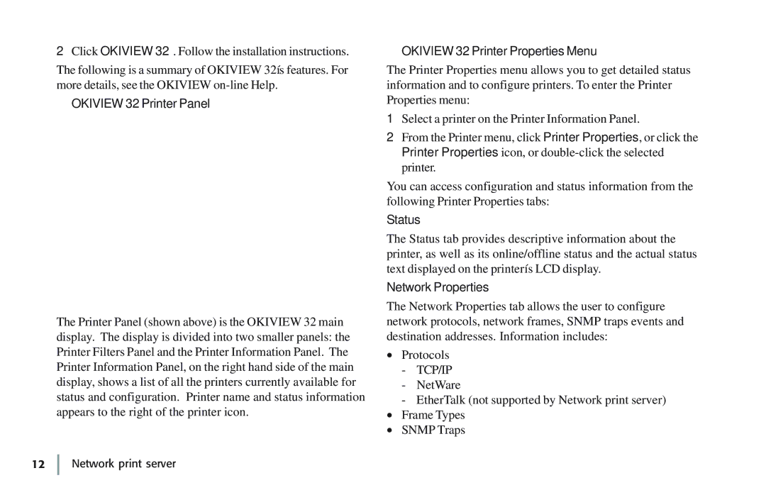 Oki 7100e+ manual Okiview 32 Printer Panel, Okiview 32 Printer Properties Menu, Status, Network Properties 