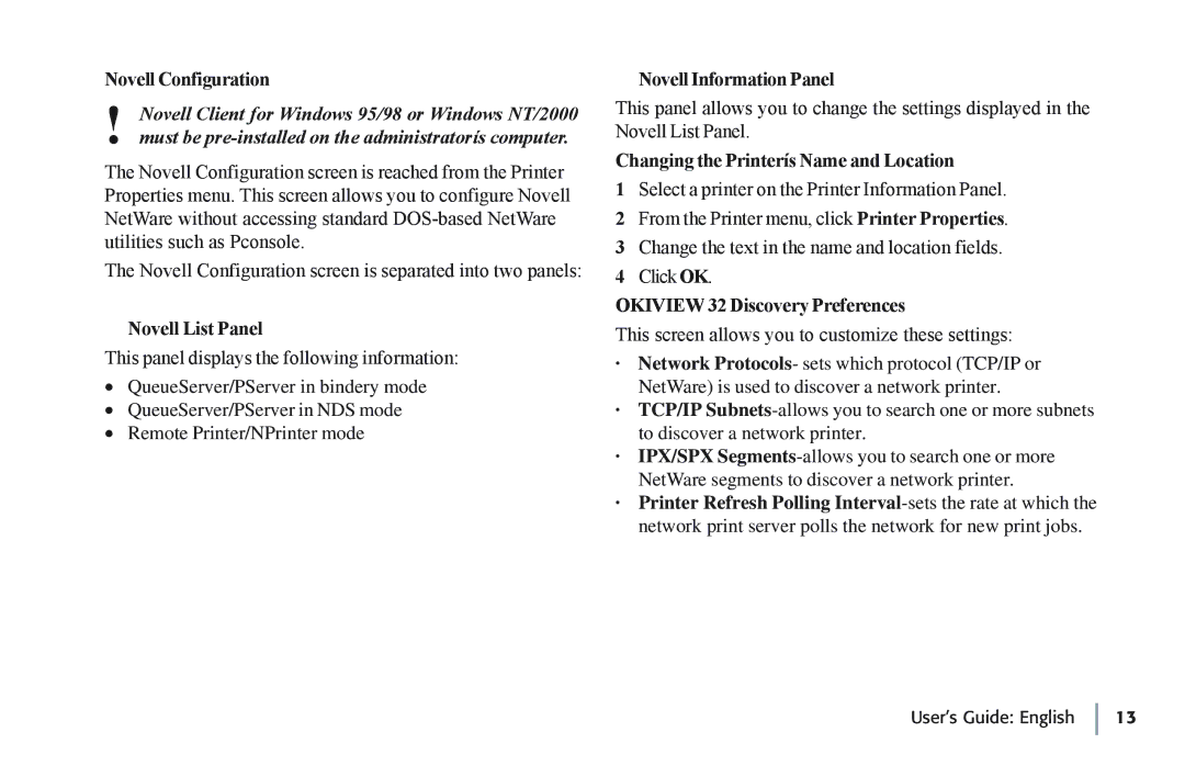 Oki 7100e+ Novell Configuration, Novell List Panel, Novell Information Panel, Changing the Printerís Name and Location 