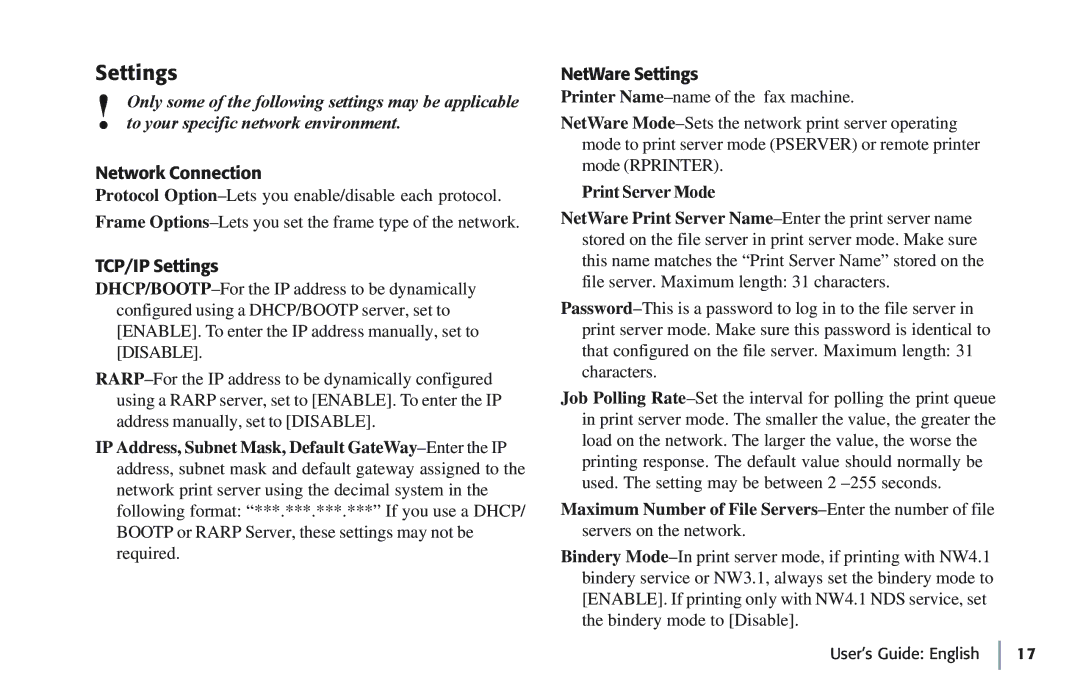 Oki 7100e+ manual Network Connection, TCP/IP Settings, NetWare Settings, Print Server Mode 