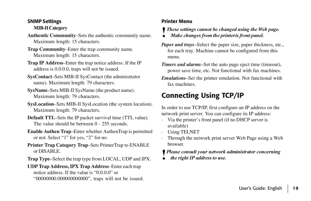 Oki 7100e+ manual Connecting Using TCP/IP, Snmp Settings, MIB-II Category, Printer Menu 