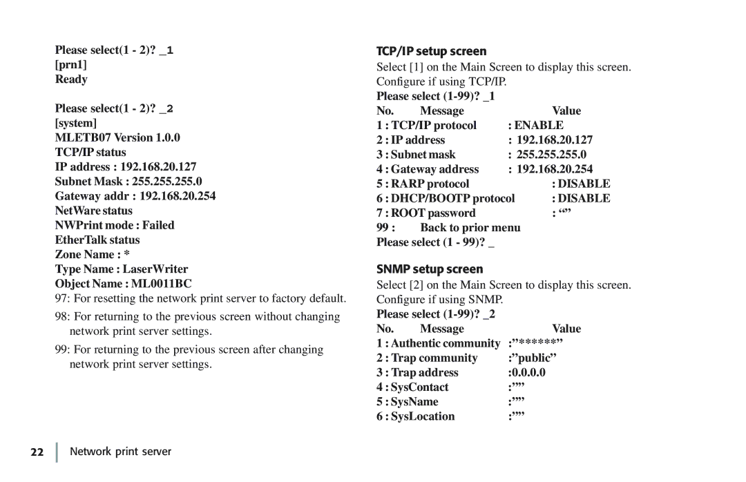 Oki 7100e+ TCP/IP setup screen, Please select 1-99? Message Value TCP/IP protocol, DHCP/BOOTP protocol, Snmp setup screen 