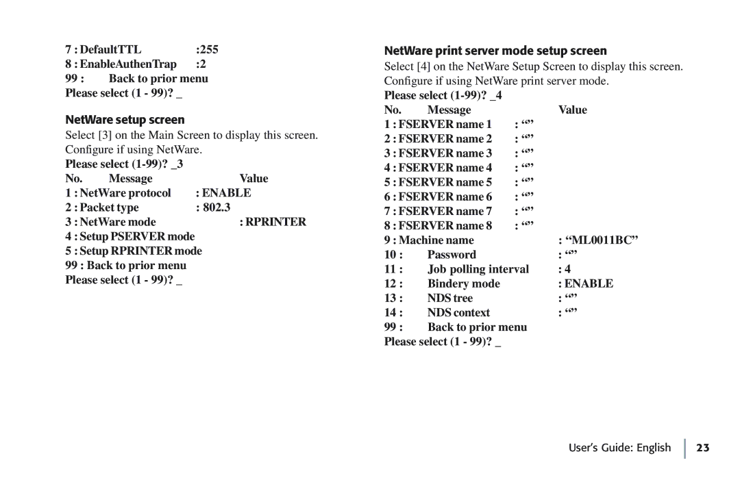 Oki 7100e+ manual NetWare setup screen, Please select 1-99? Message Value NetWare protocol, Packet type 802.3 NetWare mode 