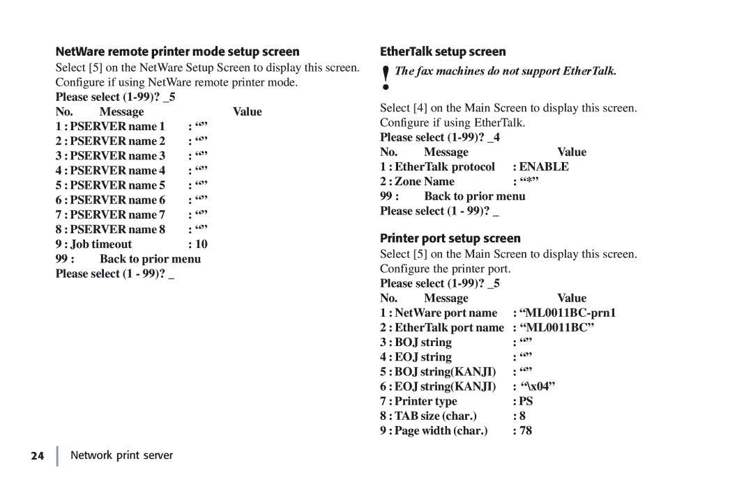 Oki 7100e+ Message Value Pserver name Job timeout Back to prior menu, Please select 1-99? Message Value EtherTalk protocol 