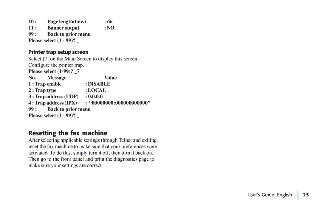 Oki 7100e+ Resetting the fax machine, Printer trap setup screen, Please select 1-99? Message Value Trap enable, Trap type 